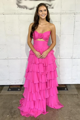 A-Line Strapless Tiered Green Formal Dress V-Neck Layered Prom Gown Chiffon